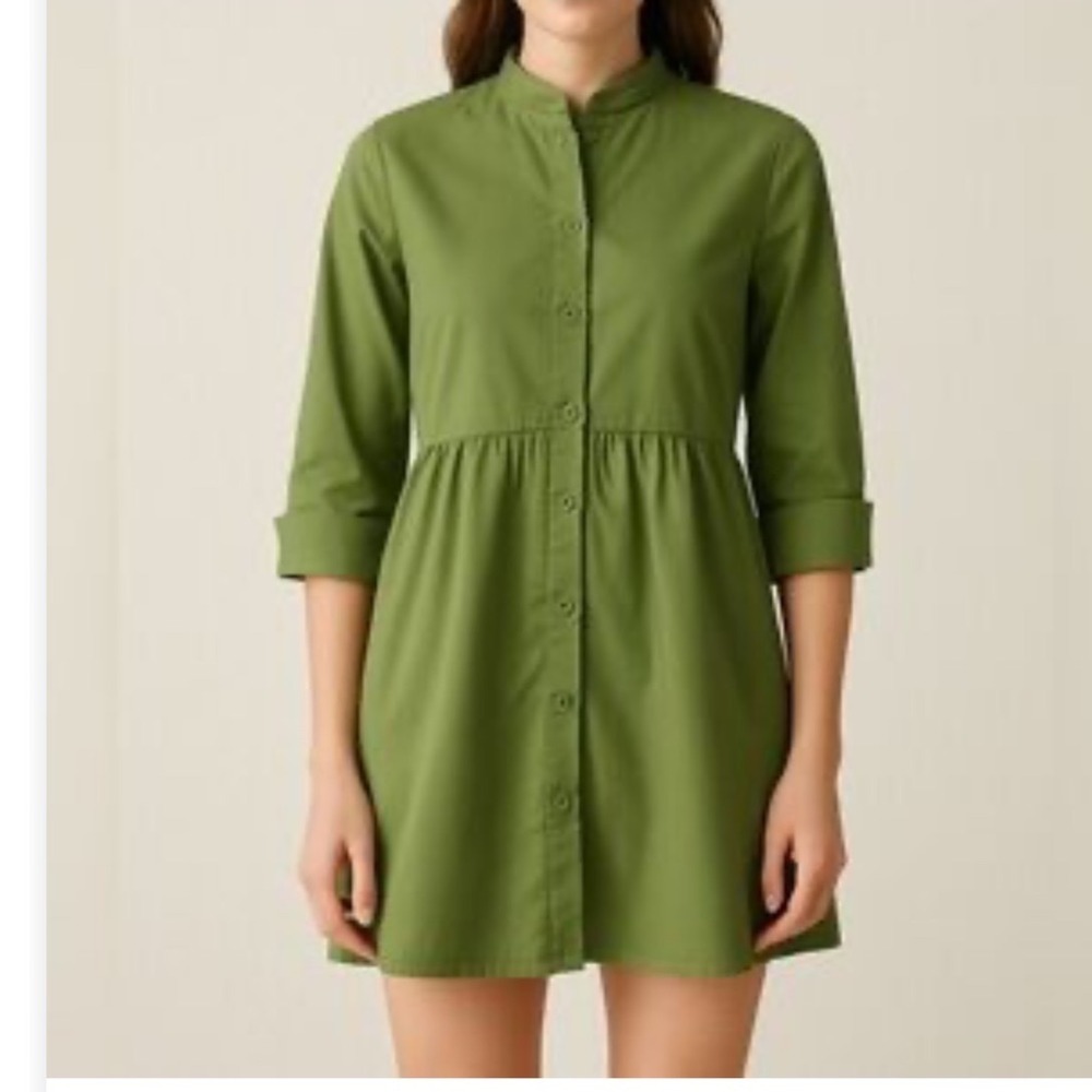 Tuckernuck Olive Green Cotton Stretch Shirt Dress XS Mandarin Collar Pockets